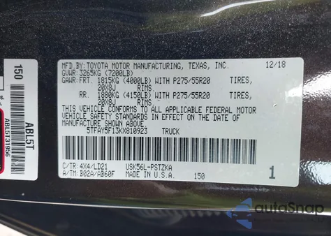 2019 Toyota Tundra 1794 5.7L V8 z USA, uszkodzony, nr VIN 5TFAY5F13KX810923